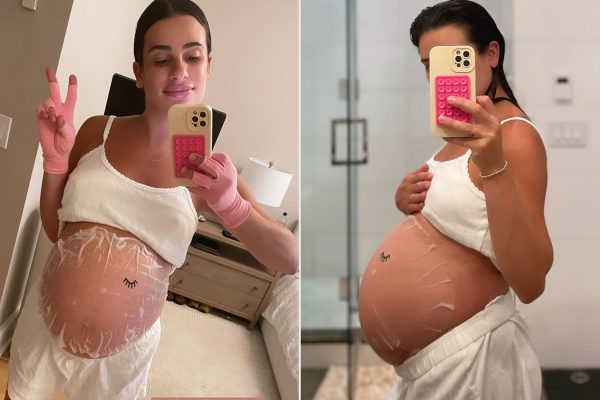 Pregnant Lea Michele Pampers Her Bare Bump with Belly Mask: ‘One Happy Mama’