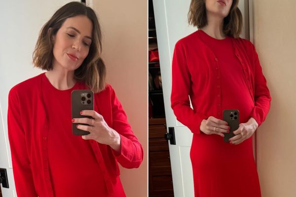 Pregnant Mandy Moore Posts Photo of Her Growing Baby Bump in Cute Red Dress: ‘There She Is’